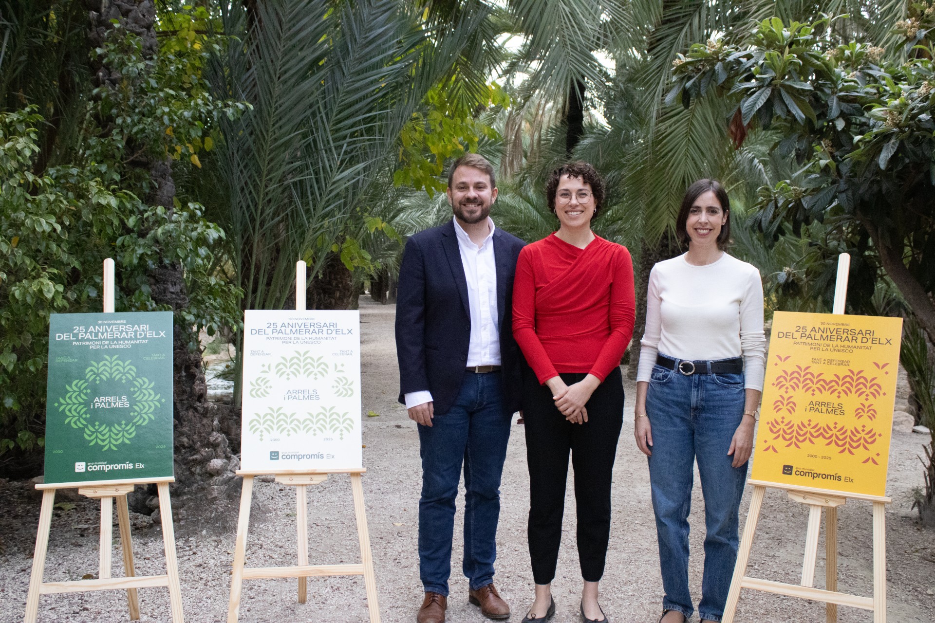 El diputat del Congrés dels Diputats, Alberto Ibáñez, la portaveu adjunta a les Corts, Aitana Más i la portaveu del grup municipal de Compromís per Elx, Esther Díez.